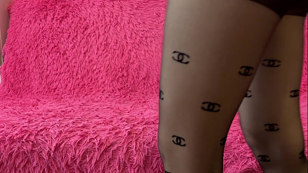 Step sister in sexy tights without panties caresses her clitoris